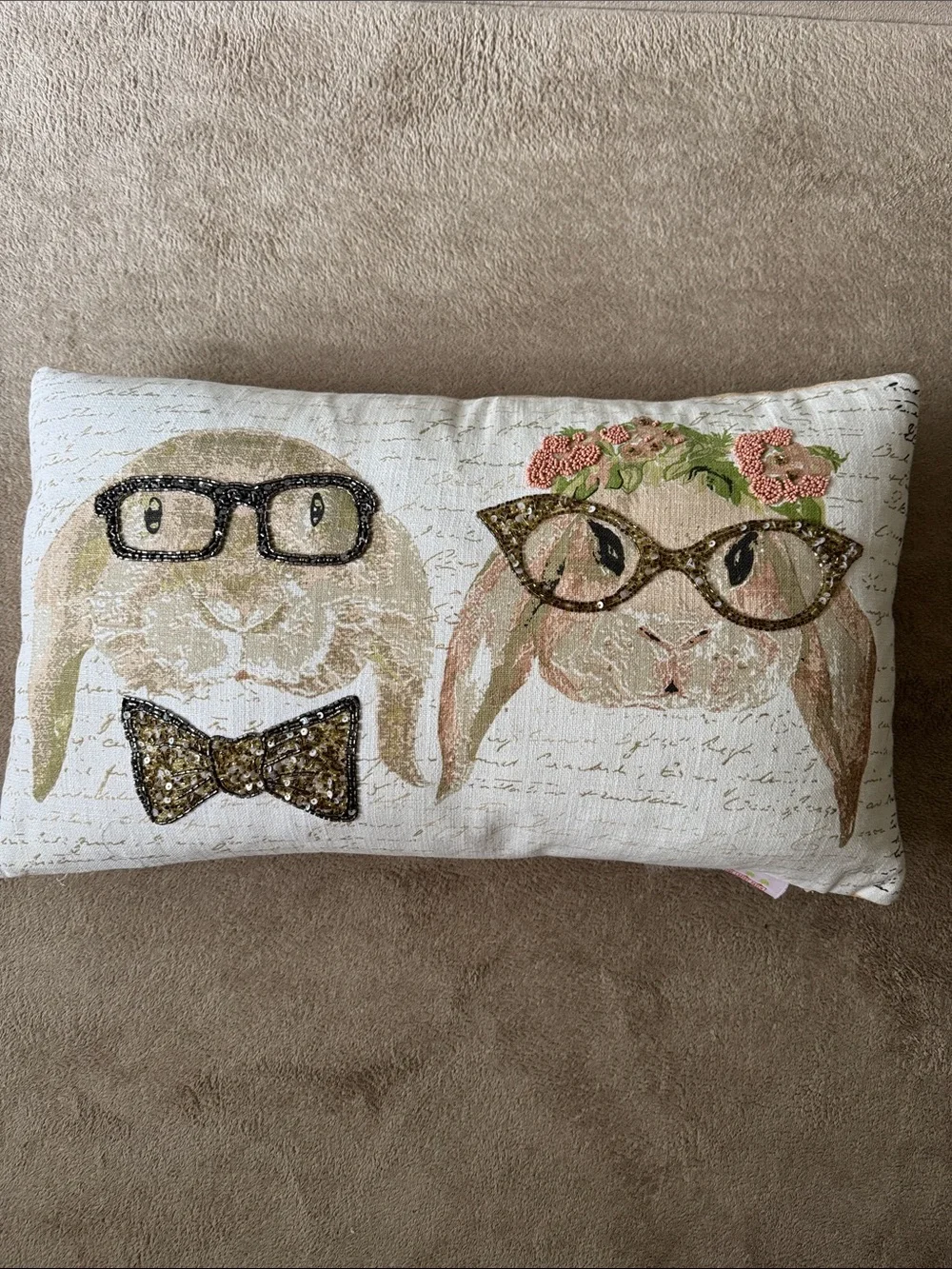 Spring Easter Bunny Pillow Lumbar Beaded Pillow Cute Glasses Bow Tie Rabbit